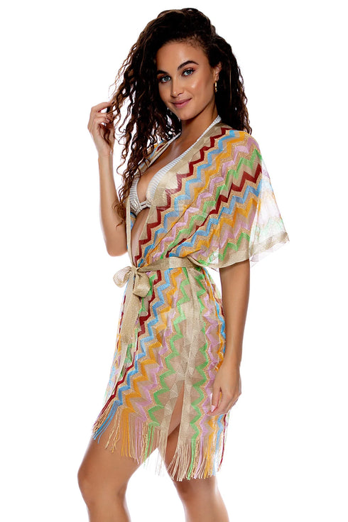 Luli Fama Here Comes The Sun Open Front Tie Short Poncho